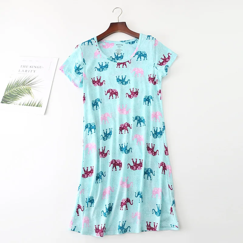 Blue elephant print Милая Ночная рубашка, женская ночная рубашка с принтом совы, слона, собаки, свободное платье, трикотажное Хлопковое платье с коротким рукавом, свободная ночная рубашка D87391 - Цвет: Blue elephant print