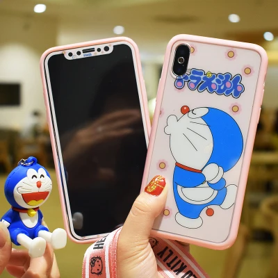 For iPhone X doraemon color case + back &amp front tempered glass sticker for 10 8 7 6 6s plus cover 360 protect +3D holder | Мобильные