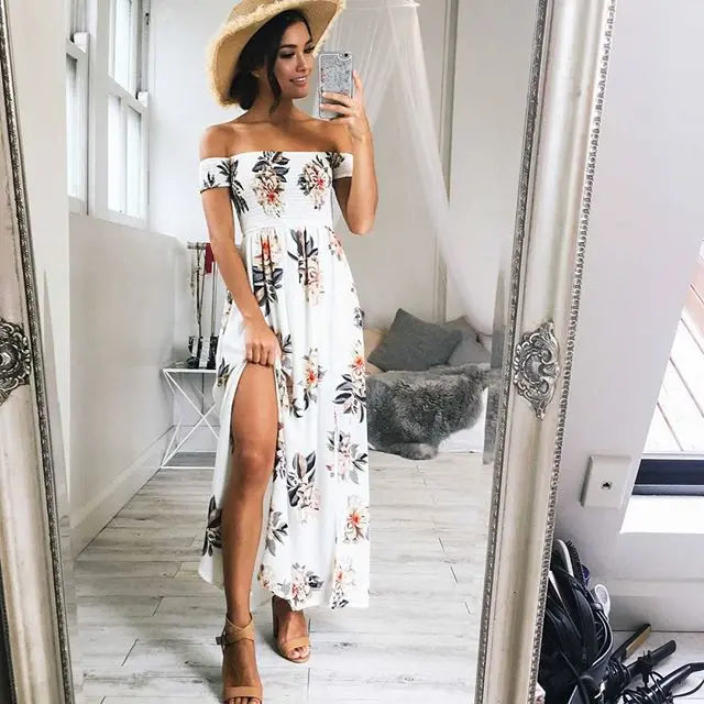 

Bohe Dress Women Clothing off shoulder Summer Dress Slash Neck Short Sleeve print Dress Women White bodycon dress Long Vestidos