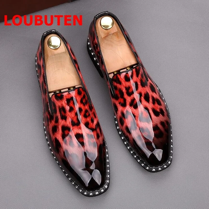 Лабутены Мокасины Сияющий Лакированная кожа Leopard Для мужчин Лоферы модная повседневная обувь без застежки дышащие Для мужчин партии и туфли для выпускного вечера