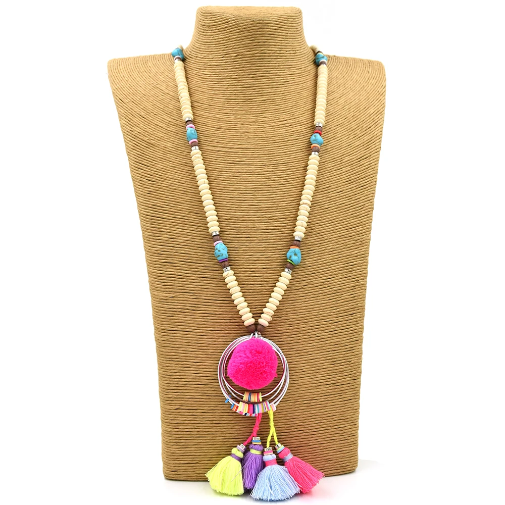 Женское длинное ожерелье с бахромой и помпонами розового цвета|long necklace|necklace