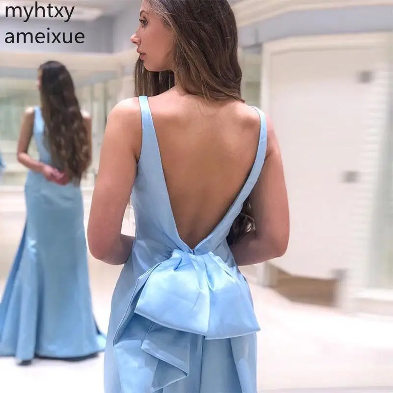 Light Sky Blue V-neck Evening Dress Backless Big Bow Back Mermaid Full Length Women Formal Party Gowns Robe De Soiree Plus Size images - 6