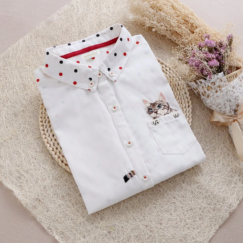 2016 женские джинсовые рубашки в горошек модные с вышитым котом и карманами