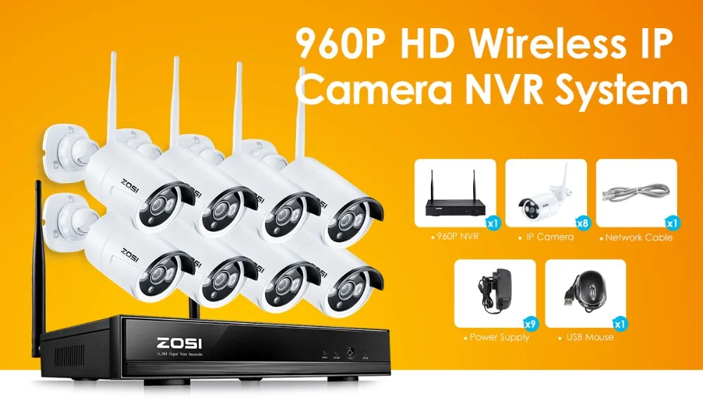 ZOSI 960P 8CH Беспроводная NVR CCTV система wifi 1.3MP ИК Наружная цилиндрическая P2P ip-камера Водонепроницаемый комплект видеонаблюдения