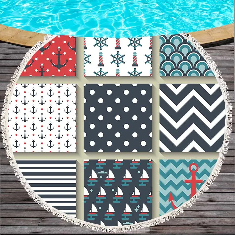 150*150cm Round Beach Towel With Tassels Microfiber Bath Handfeel Soft Sea Anchor Flower Pineapple leopard flamingo print | Дом и сад