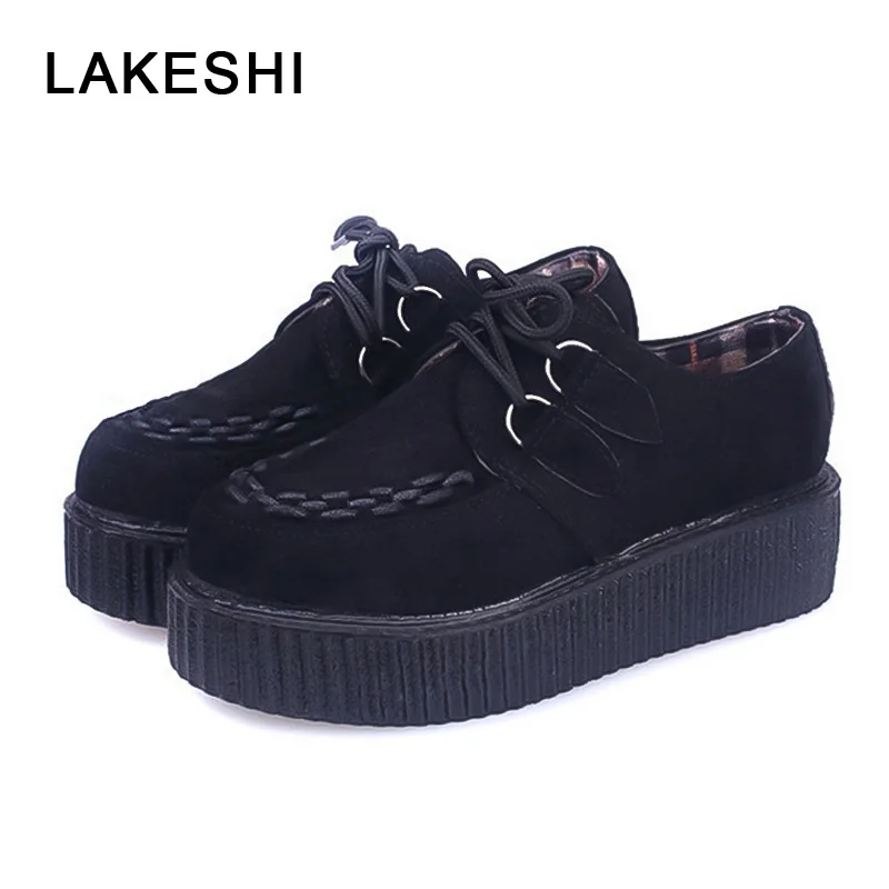 Женские туфли на платформе LAKESHI черные повседневные толстой подошве со шнуровкой