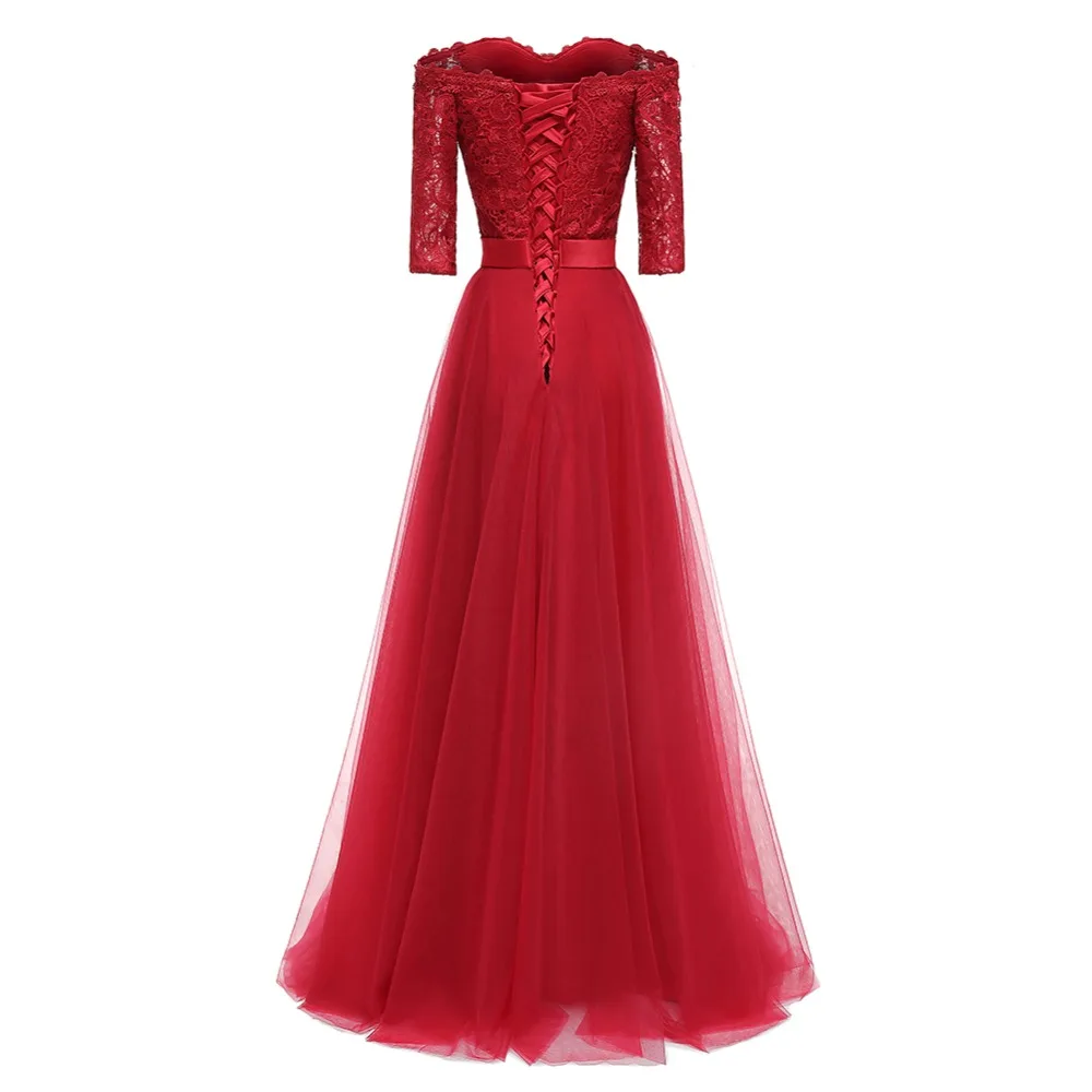 NOBLE WEISS Floor-Length Dark Red Lace Evening Dress Robe De Soiree Elegant Half Sleeve Dresses Long Prom | Свадьбы и торжества