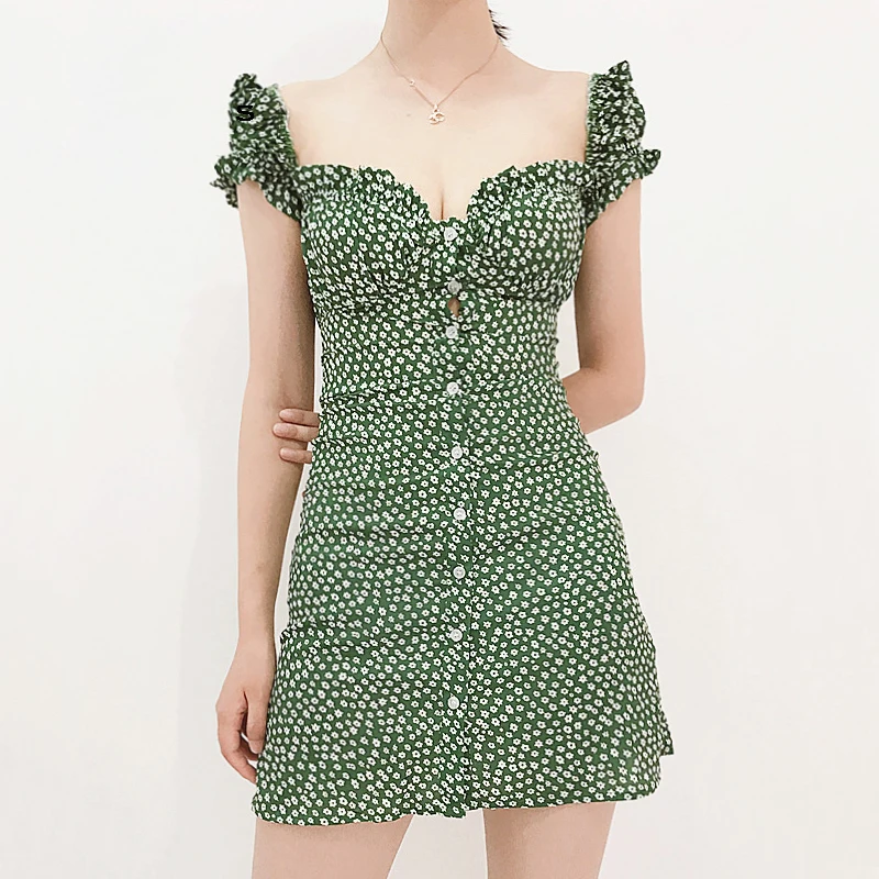 Женское милое мини платье с цветочным принтом и сердечком оборками зеленое - Фото №1
