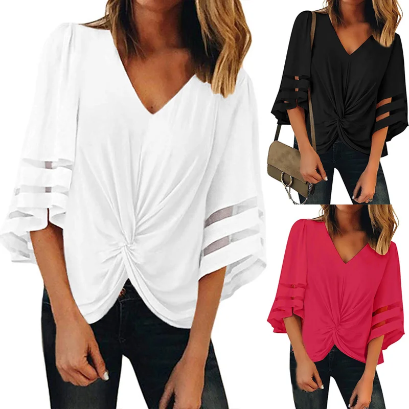 Женская свободная футболка с сетчатыми вставками и узлом летние топы