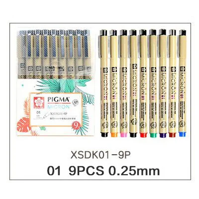 01 (0.25MM) 9PCS Сакура эскиз цвета Микрон ручка 0,2 мм-1 мм улучшенные иглы Маркеры Ручка набор тонкий цвет лайнер Pigma для рисования манга художественные принадлежности - Цвет: 01 (0.25MM) 9PCS