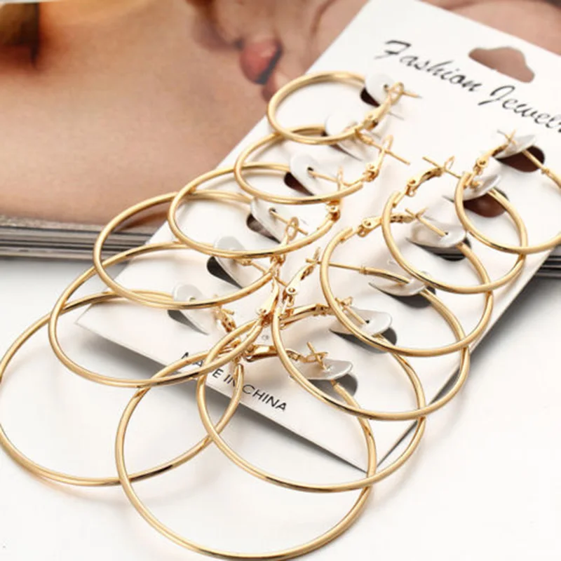 

6Pairs/set Gold Silver Vintage Big Circle Small Hoop Earrings Women Girl Jewelry