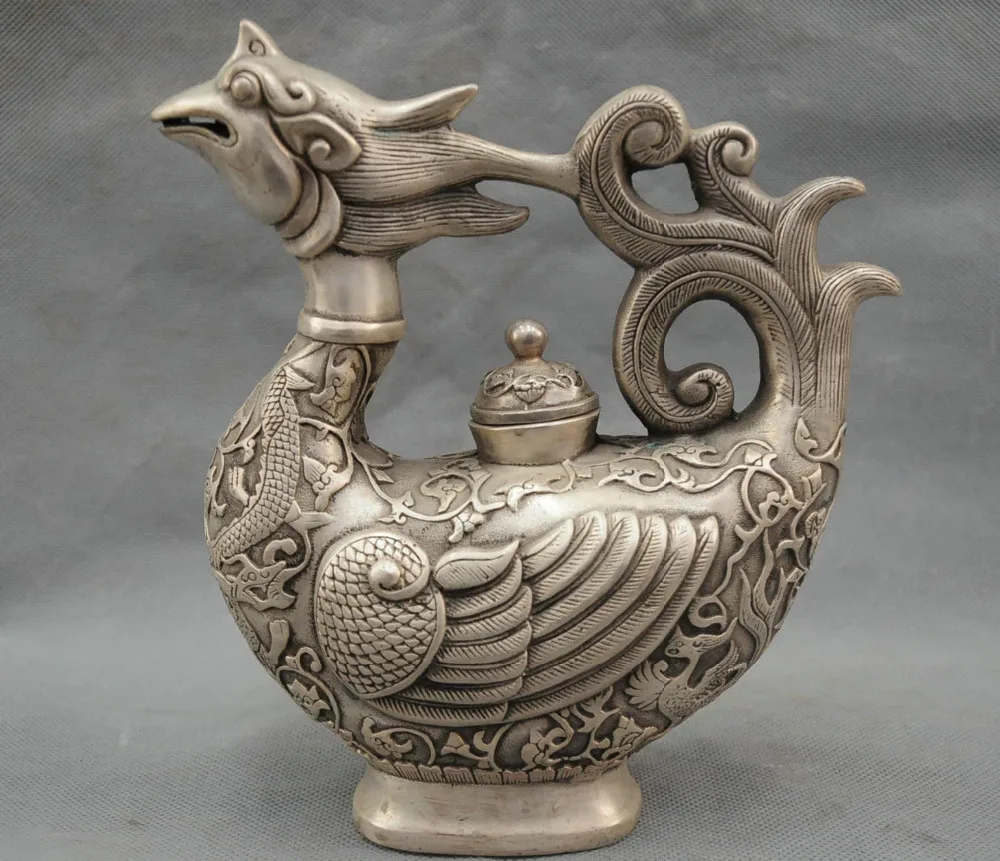 

Crafts Arts 8'' China Culture Bronze Silver Statue Phoenix dragon Beast kettle Pot Healing Medicine 100% Brass Bronze