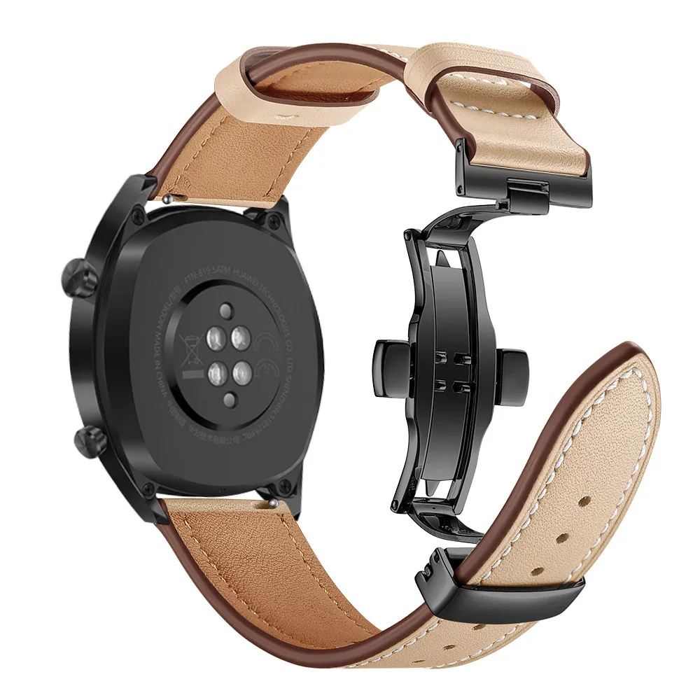 Black buckle Apricot Кожаный ремешок для часов huawei GT для samsung Galaxy Watch active 46 мм gear S3 correa amazfit ремешок Bip 22 мм Браслет Бабочка Пряжка - Цвет ремешка: Black buckle Apricot