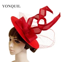 large 30cm red round fascinator base wedding velling hair accessory party cocktail hats imitation linen birdcage veil headwear