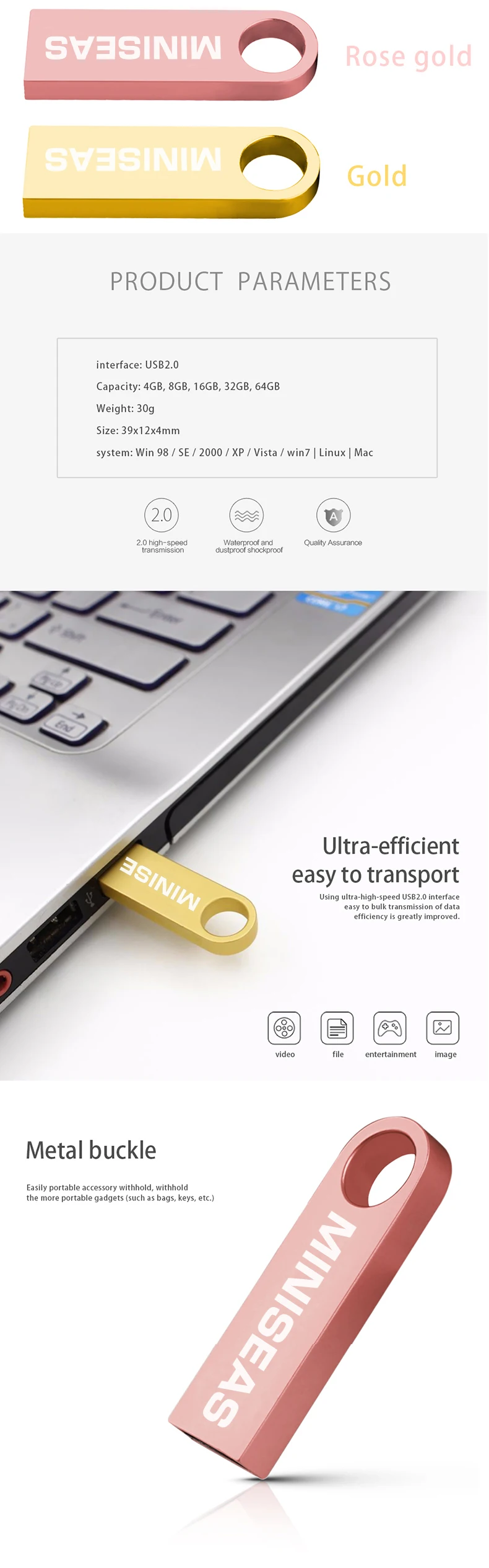 Новинка, usb флеш-накопитель Miniseas, 64 ГБ, 32 ГБ, 16 ГБ, 8 ГБ, 4 Гб, флеш-накопитель, флешка, водонепроницаемый металлический серебристый u-диск, memoria cel, usb-флешка, подарок
