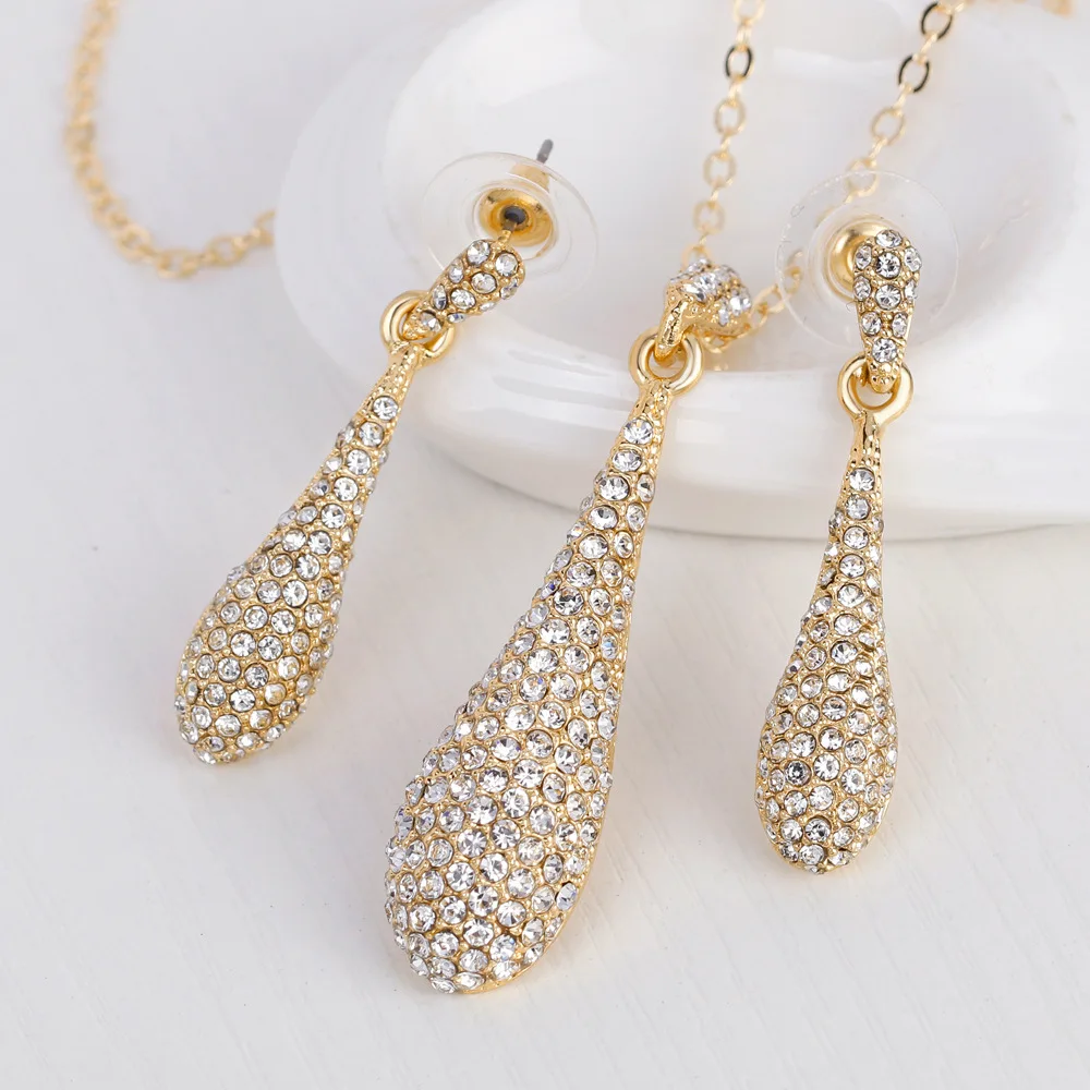Luxury Gold Color Exquisite Wedding Jewelry Sets For Women Full Rhinestone Crystal Water Drop Pendant Necklace And Earrings | Украшения и