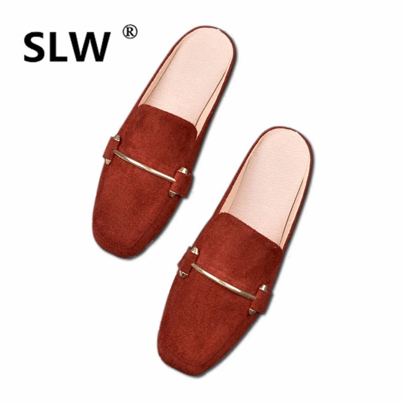 Женские мюли из флока лоферы без каблука мягкие шлепанцы плоская подошва сланцы