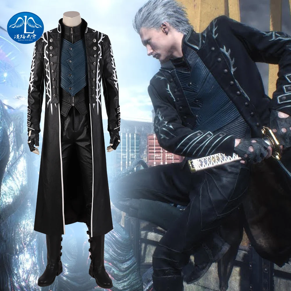 

ManluyunxiaoDMC 5 Game Vergil Cosplay Vest Men Jackets Halloween Costume for Kids Adult Anime Faux Leather Coat