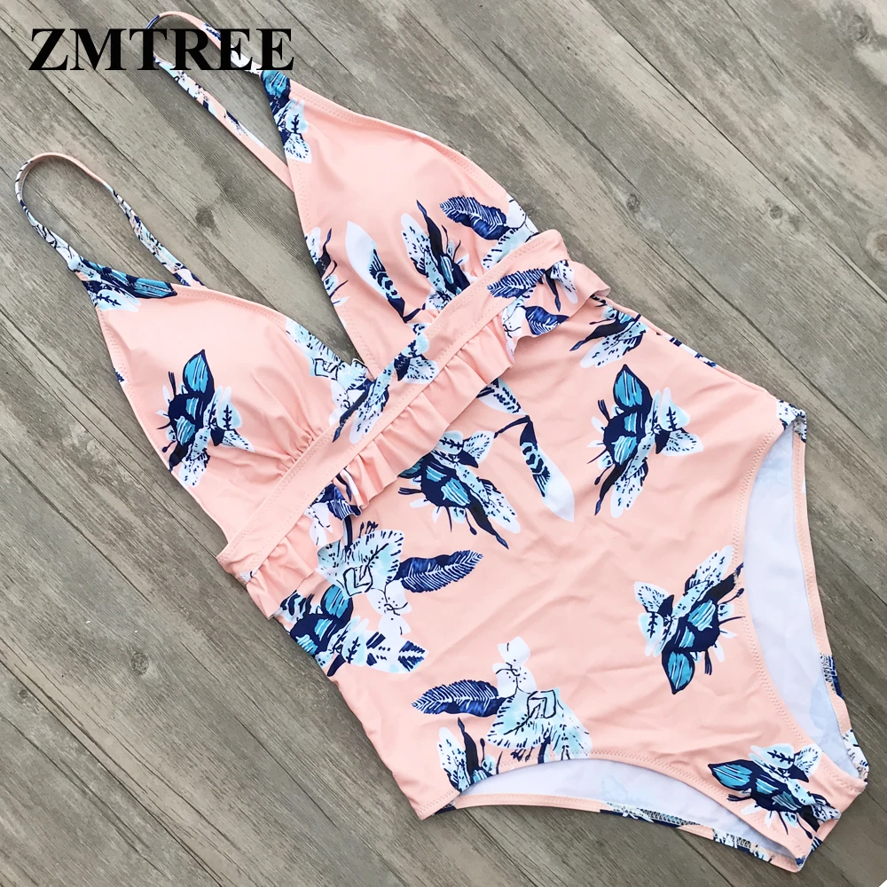 ZMTREE Hollow Out One Piece Women Swimsuit Deep V Bikini Bathing Suit Swimwear Ruffled Beach Wear Maillot De Bain 2018 One-Piece | Спорт и