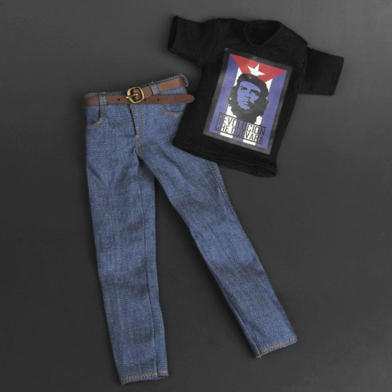 ZY Toys 16 3 Мужской черный принт "Che Guevara" футболка и джинсы с поясом # B костюм