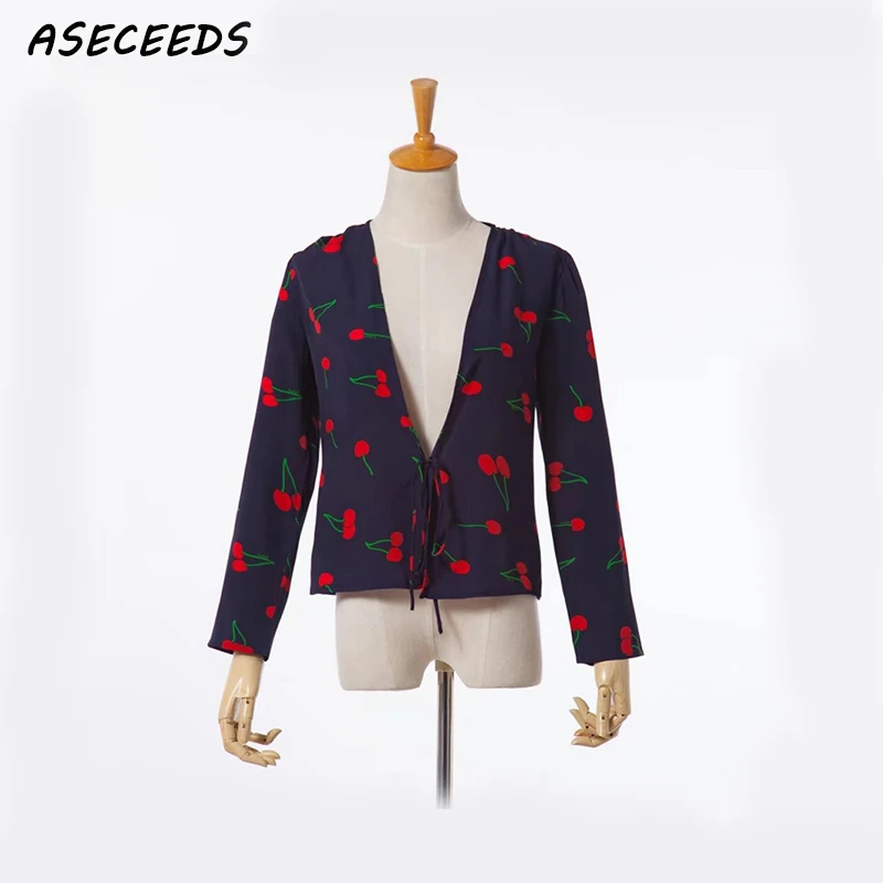 2019 Женские топы и блузки с вишневым принтом летняя блузка женская рубашка