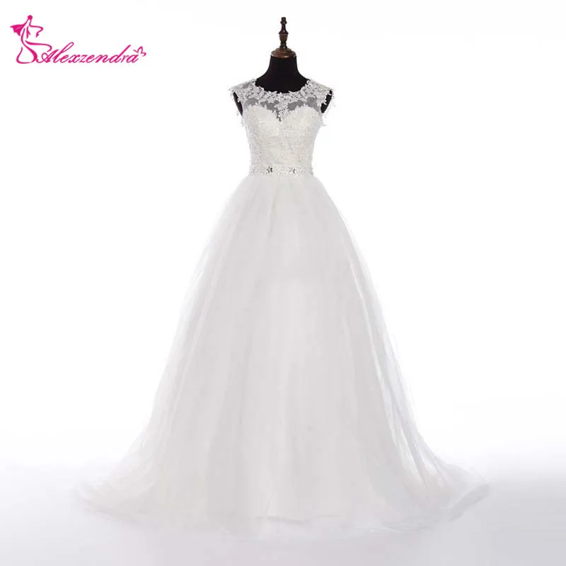 

Alexzendra White A Line Lace Wedding Dress 2018 Illusion Back Cap Sleeves Elegant Bridal Gowns Plus Size