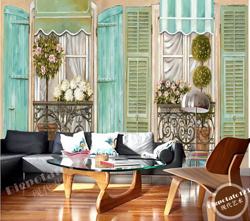 

The custom 3D murals,dream fresh blue Mediterranean style window sill ,living room sofa TV wall children bedroom wall paper