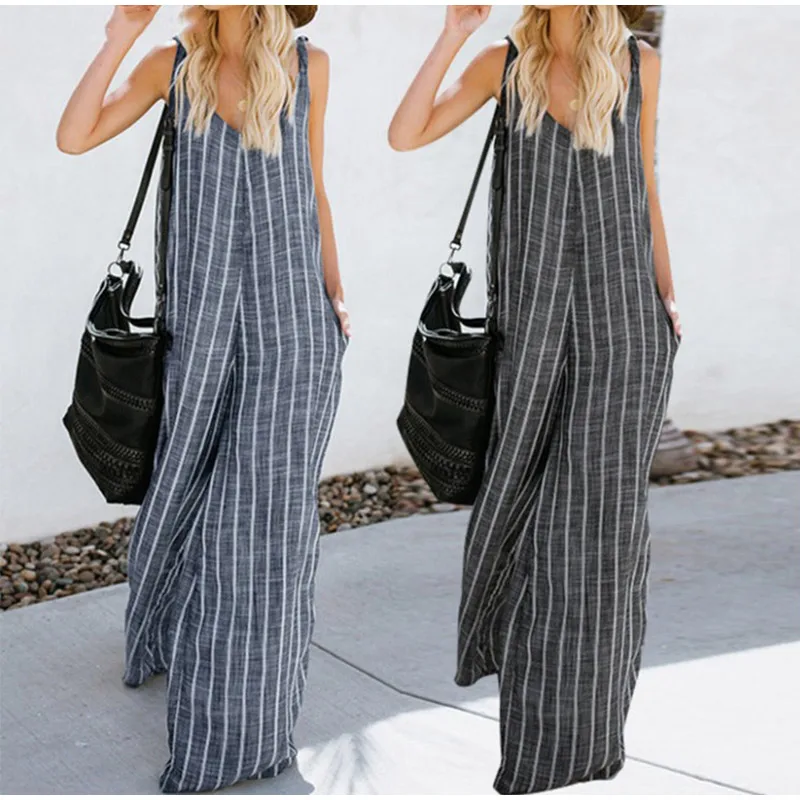 Oversized Women's Striped Cotton Loose Jumpsuit OL Work Wide Leg Sleeveless Romper Womens Plus Size Summer Casual Overalls