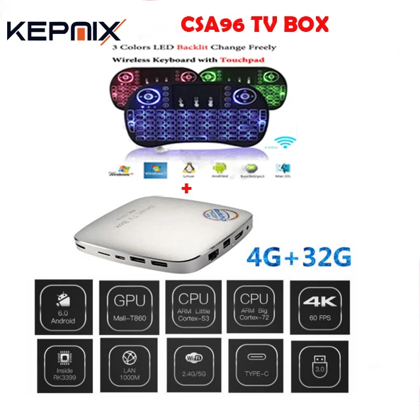 ТВ приставка Rockchip RK3399 CSA96 Android 6 0 4G/32G Cortex A72 + A53 64 разрядный двойной WIFI 2 4/5 ГГц Bluetooth 4