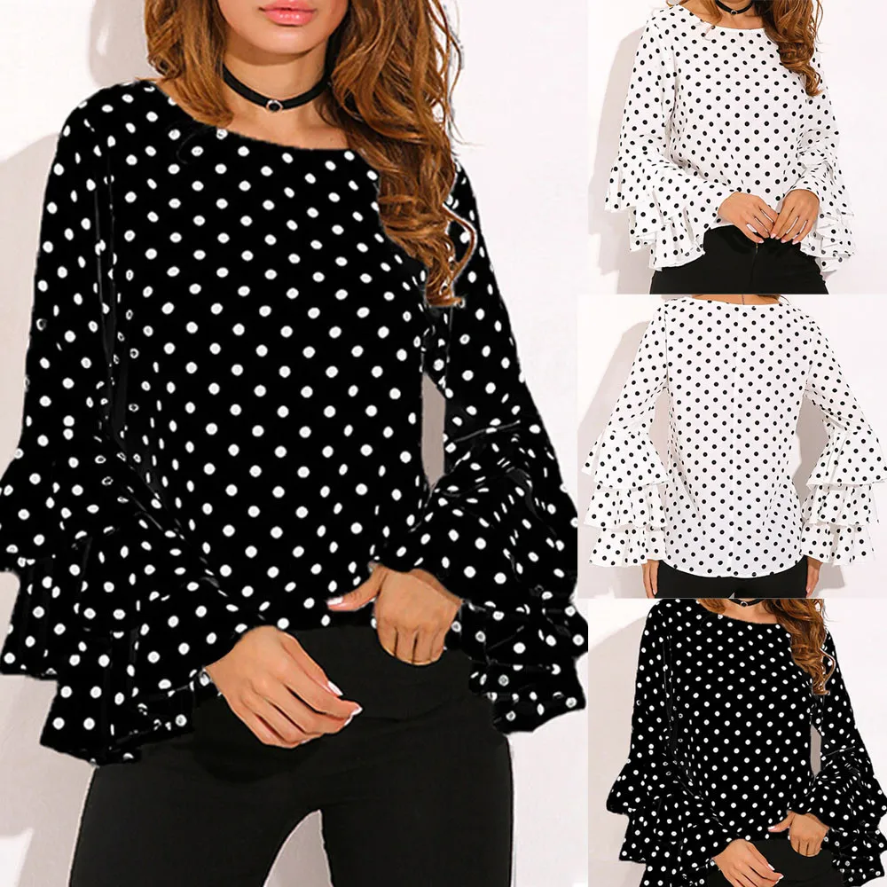 

Fashion Women's Blouse Cotton Bell Sleeve Loose Polka Dot Shirt Ladies Casual Elegant Flare Sleeve Blouse Tops 2018 New F70