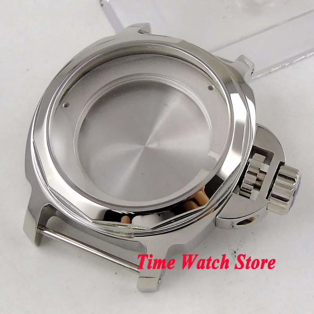 

44mm polished watch case big crown 316L stailess steel sapphire glass fit ETA 2836 MIYOTA 8215 Automatic movement C102