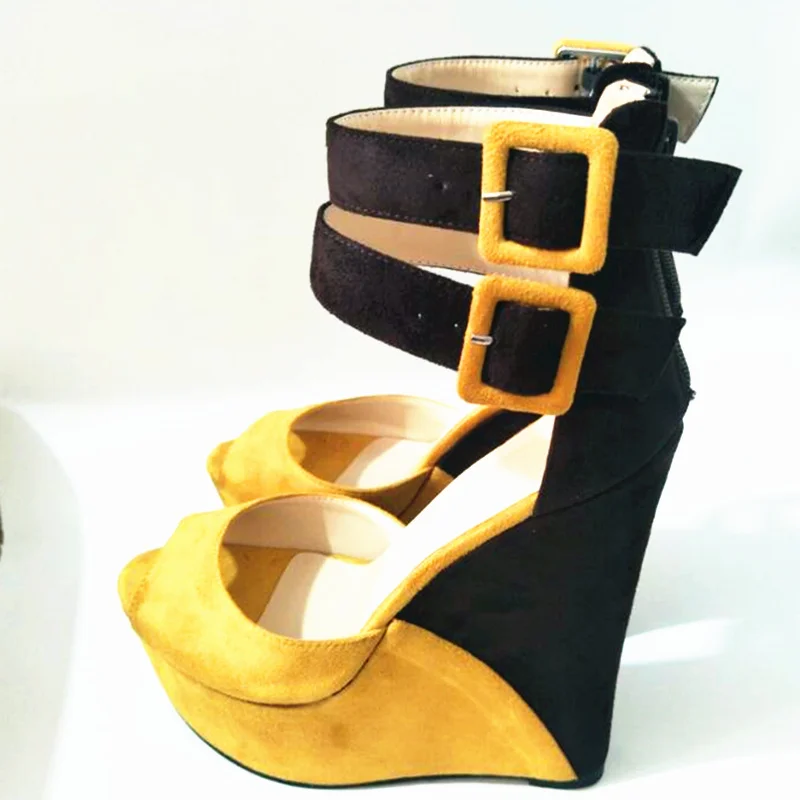 

Shoes, women's wedge sandals, , yellow with brown suede, 16cm wedge sandals