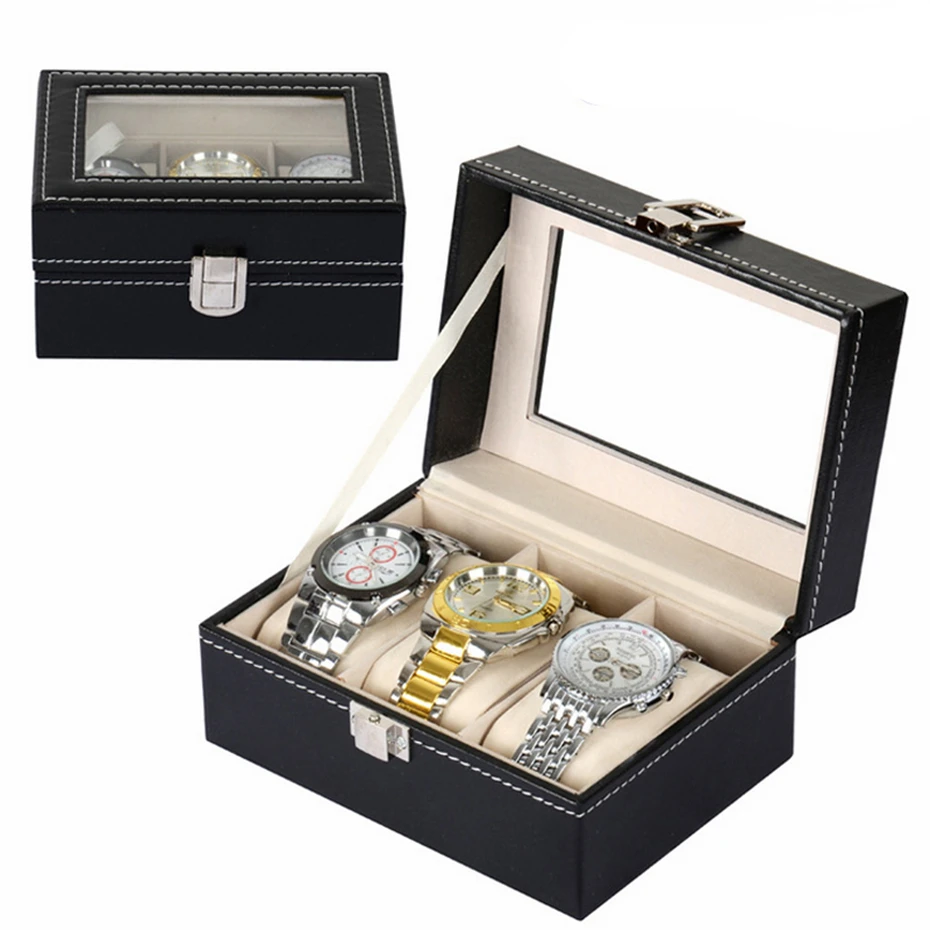 Часы поле Роскошные искусственная кожа 3 сетки Дисплей кожаный чехол Box Ювелирная