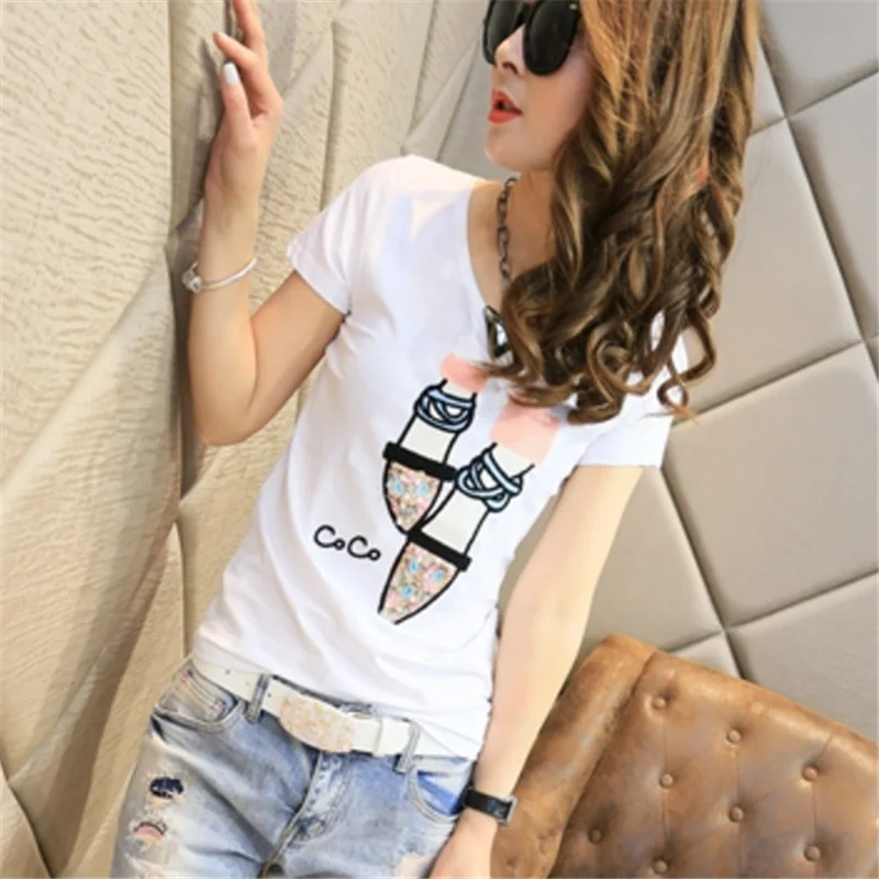 Женская футболка со стразами популярные футболки Новинка лета 2019 женская с