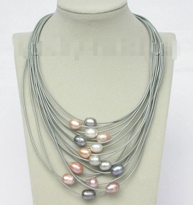 

17"-24" 15row 14mm purple Gray pink white pearls leather necklace j8795^^^@^Noble style Natural Fine jewe FREE SHIPPING