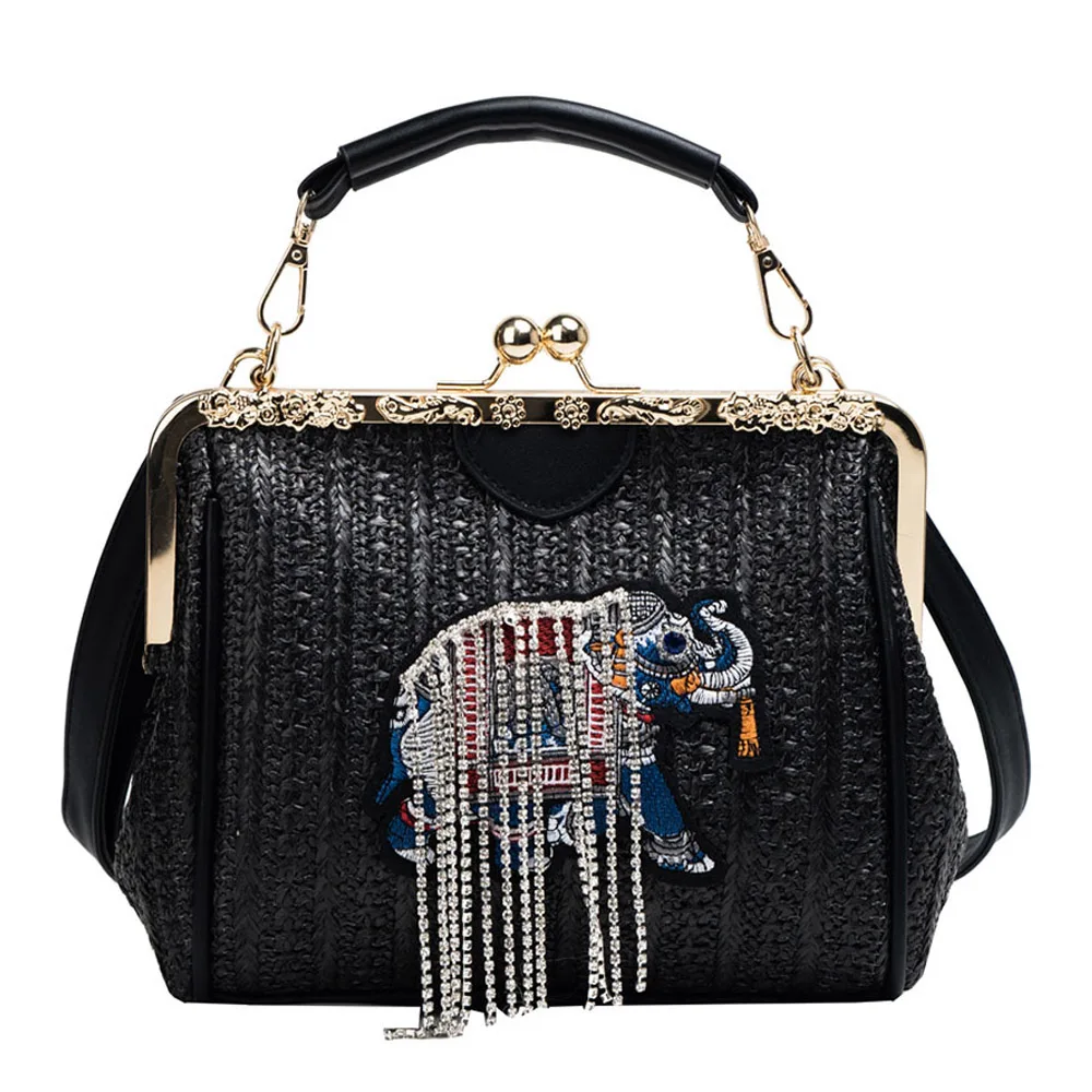 Плетеная пляжная сумка женская 2019 новая соломенная с вышивкой слона Taasel Chain