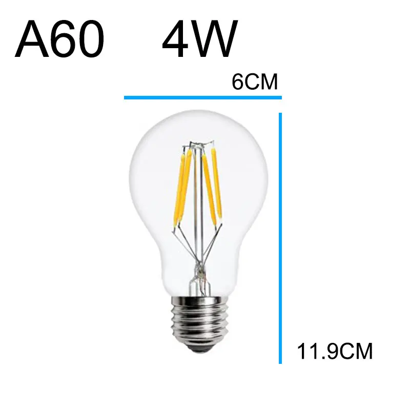 A60 E27 4Filament Ампулы Винтаж Светодиодная лампа Эдисона e27 e14 220V светодиодный подвесной светильник в стиле ретро 2w 4w 6w 8w СВЕТОДИОДНЫЙ нити светильник подвесные лампы Эдисона Bombillas - Испускаемый цвет: A60 E27 4Filament