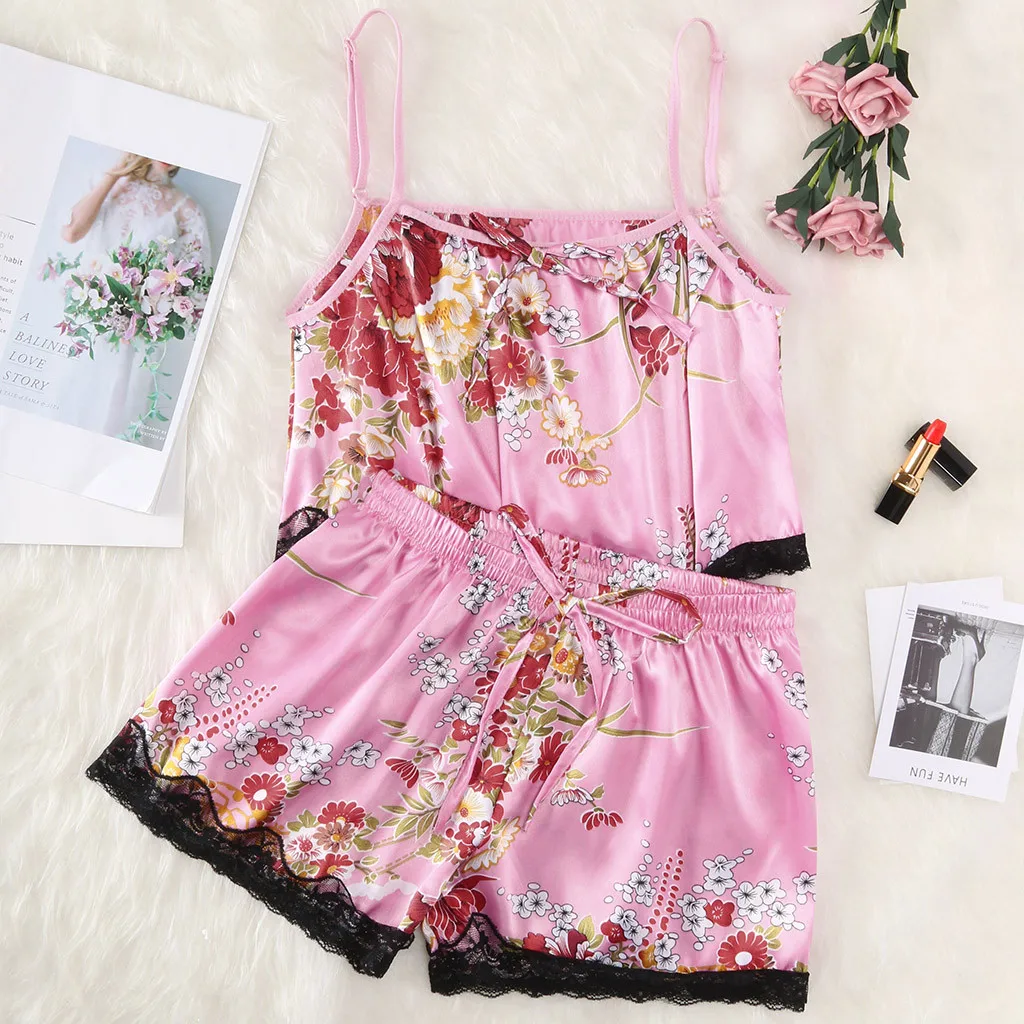 Женский кружевной пижамный комплект короткий топ на бретельках и шорты женская