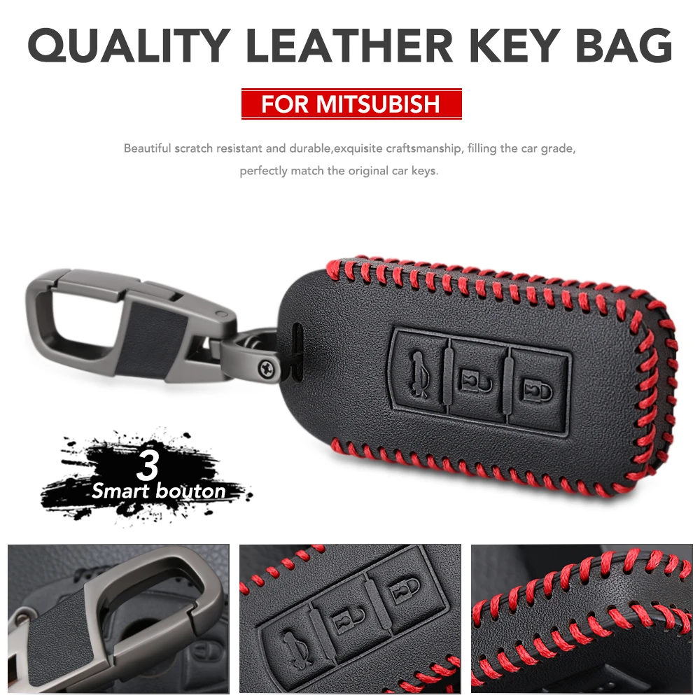 Чехол для ключей из натуральной кожи с 3 кнопками Mitsubishi Outlander Sport Pajero Shogun Montero Lancer RVR