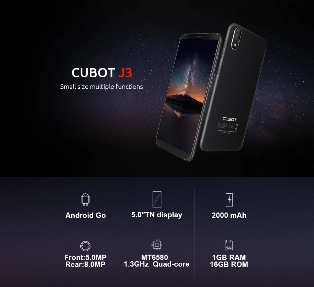 Cubot J3 Android GO смартфоны MT6580 четырехъядерный 5,0 дюймовый мобильный телефон 1G ram 16G rom двойная задняя камера 2000mAh 3G сотовые телефоны