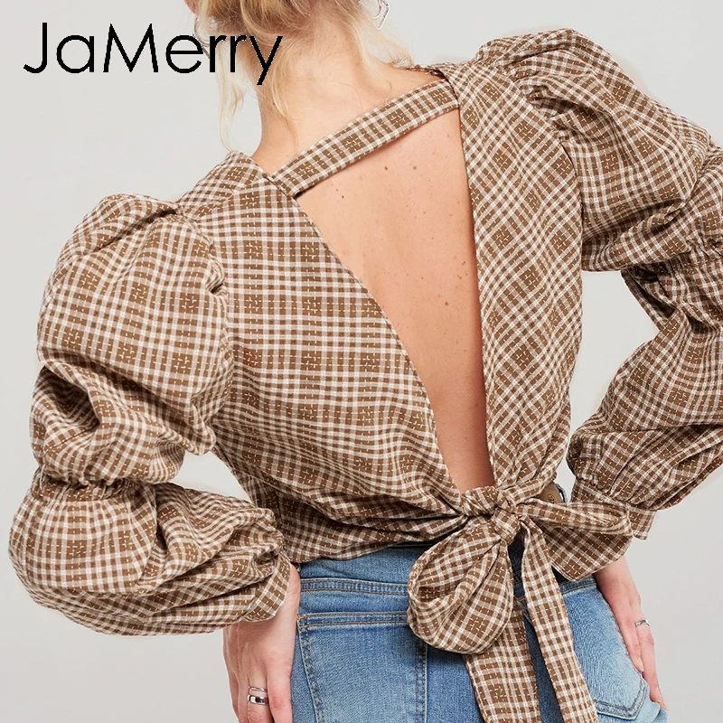 Рубашка JaMerry женская винтажная с открытой спинкой на шнурках|Блузки| |