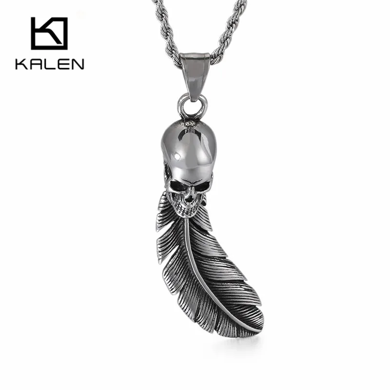 Модная цепочка KALEN с листьями из нержавеющей стали перо Череп ожерелье кулон для