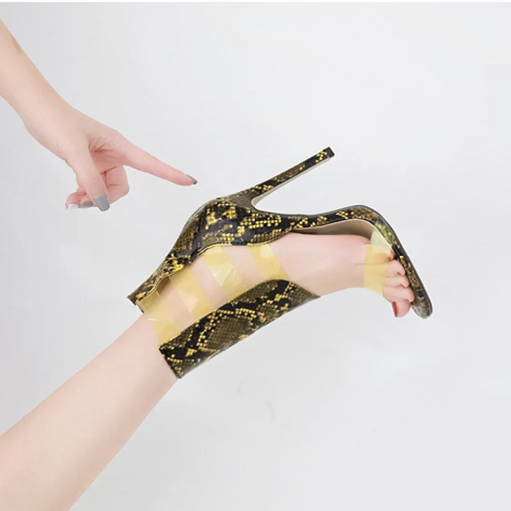 Сандалии Новинка пикантные прозрачные босоножки на высоком каблуке со змеиным