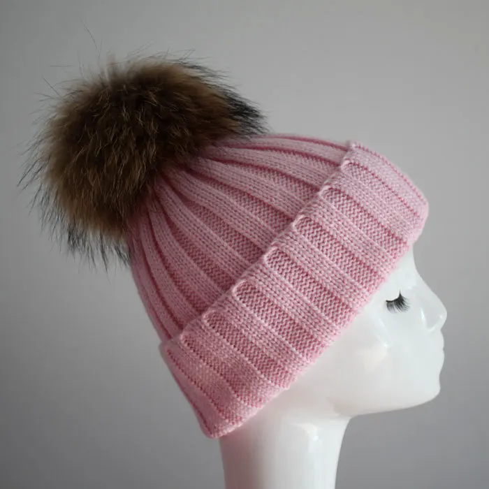 Зимой beanie связанный шлем меха образный колпачок для женщин и теплые зимние человек трикотажные шапочки ёенщин крышки и меховой шапке - Цвет: pale pink
