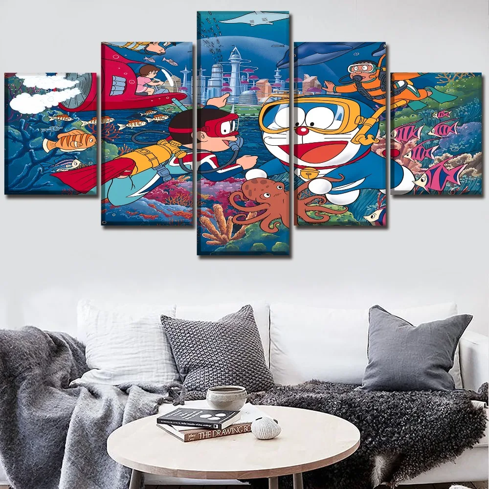 Canvas Paintings Living Room Wall Art 5 Pieces Anime Doraemon Underwater World Poster HD Prints Pictures Decorative Framework | Дом и сад
