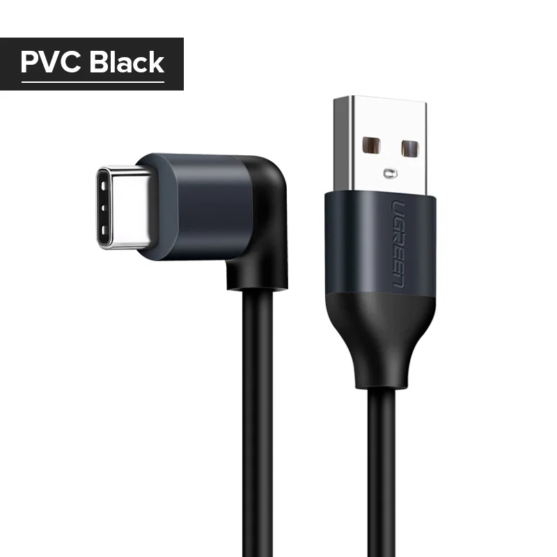 PVC Black Ugreen 3A usb type C 90 градусов USB C кабель для samsung Galaxy S10 S9 Plus Xiaomi Mi 8 6 MAX 3 LG USB C кабель передачи данных для быстрой зарядки - Цвет: PVC Black