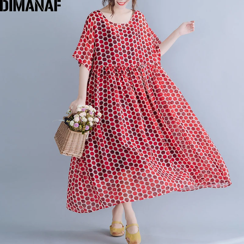 

DIMANAF Oversize Women Dress Chiffon Polka Dot Beach Style Summer Holiday Sundress Big Size Female Vestidos Loose Print Dresses