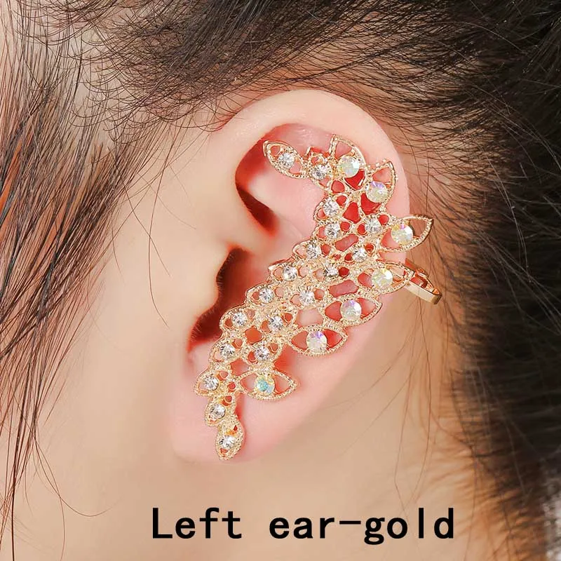 left ear gold Модное перо павлина, каффы для ушей,, стразы, полые каффы для ушей из цинкового сплава, s-образные ювелирные изделия, вечерние, подарочные серьги-клипсы - Окраска металла: left ear gold