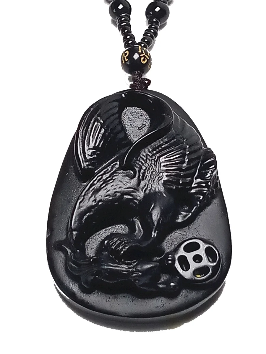 

Koraba Natural Obsidian Carved Eagle Jade Pendant Necklace