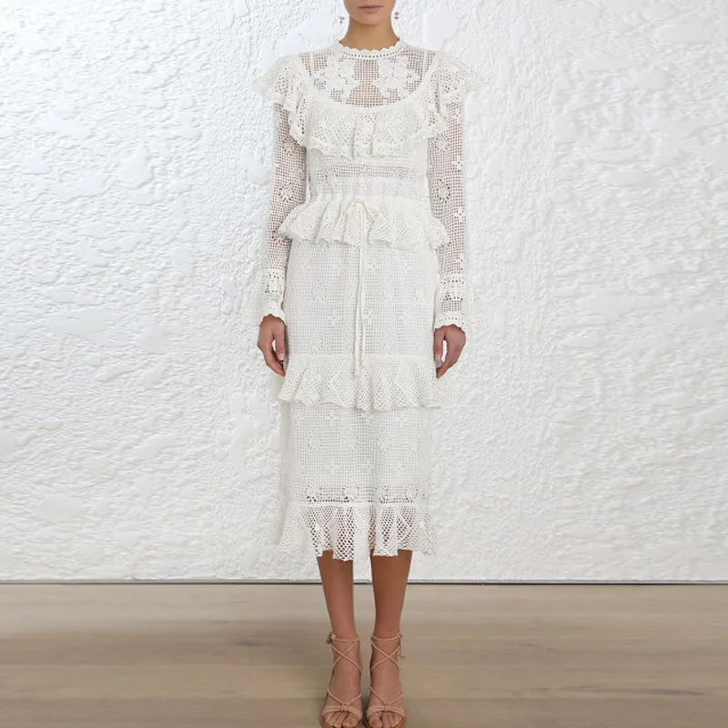 

Fashion Dresses For Womon Summer High Quality Luxury White Lace 2 Pieces Hollow Out Full Sleeve O-Neck Party Midi Dress DS104